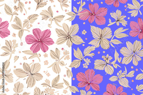 Vector floral seamless pattern with pink and yellow flowers on white and blue background.