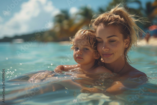 Caucasian mother holds a child in his arms while swim in tropical sea with palm trees