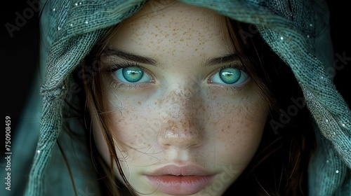 a close up of a woman with freckles on her face and freckles on her hood over her head.