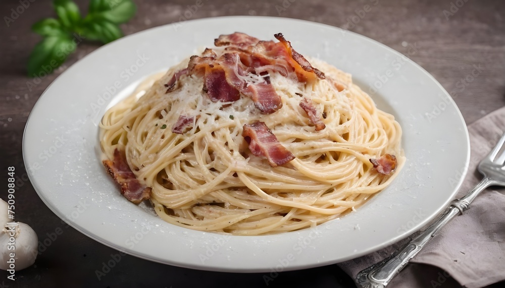 plate of perfectly spaghetti Carbonara coated in a creamy sauce with crispy bacon or pancetta, topped with grated Parmesan cheese and freshly ground black pepper. 