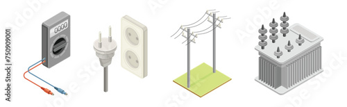 Electric Power and Energy Objects Isometric Vector Set