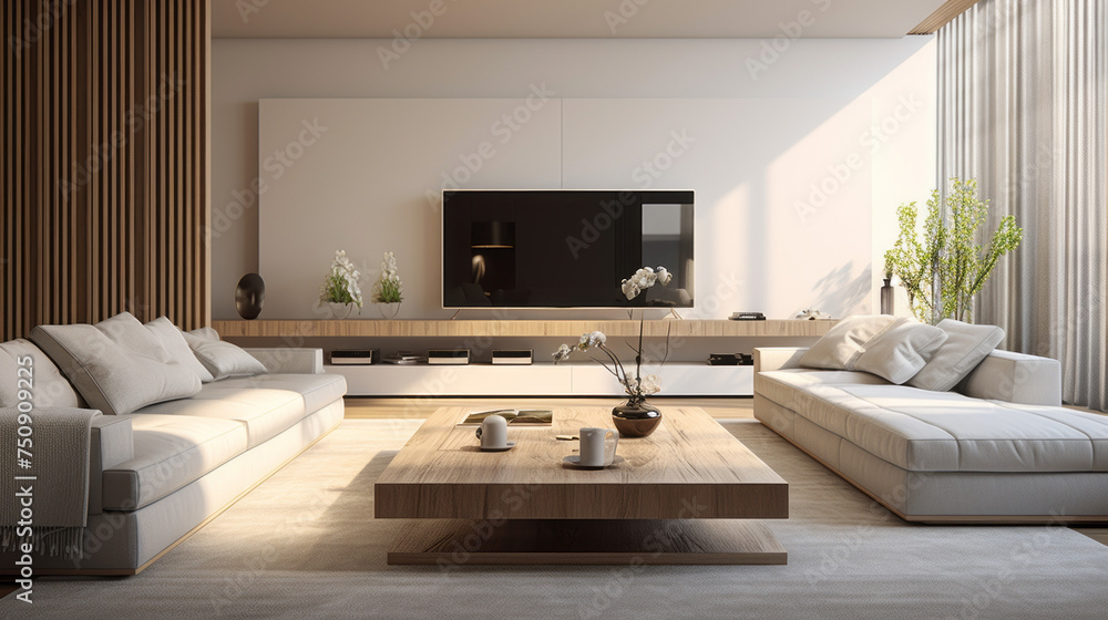 Fototapeta premium A modern living room with comfortable seating, a sleek television, and smart home technology scattered throughout the space