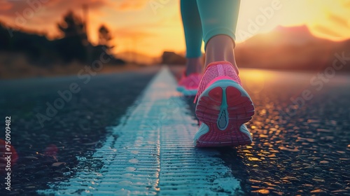 sport runner feet running on sunset lake closeup on shoe. AI generated illustration photo
