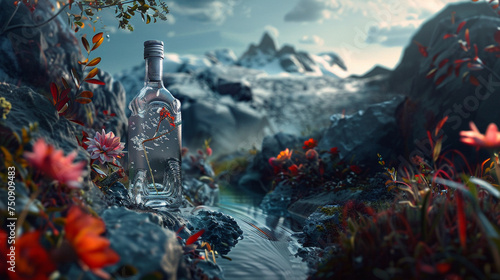 Against a backdrop inspired by Swedish landscapes, a bottle of Absolut vodka exudes sophistication and refinement, capturing the essence of Swedish culture and tradition. photo