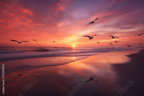 a serene beach at sunset, seagulls soaring gracefully in the orange-pink sky © Ingvar Shelly