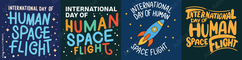 Collection of International day of Human Space Flight text banners in color square composition set. Hand drawn vector art. - obrazy, fototapety, plakaty 