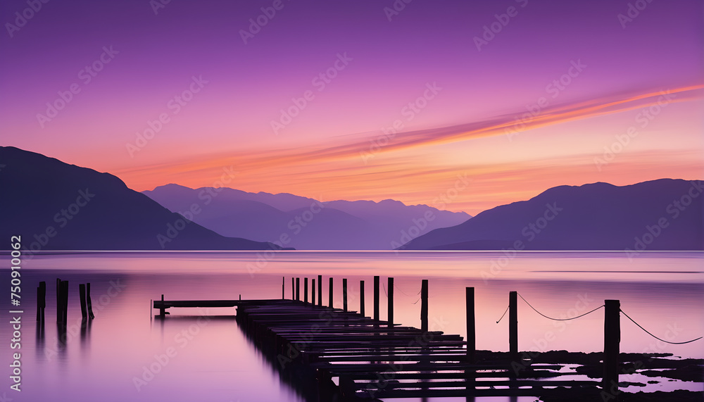 Twilight lake sunset with mountain and gradient sky bokeh background