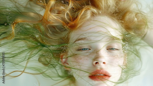 a close up of a woman's face with hair flying in the air above her head and below her head. photo