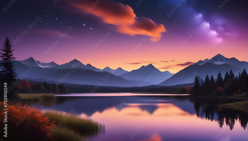 Twilight lake sunset with mountain and gradient sky bokeh background