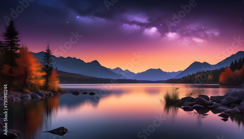 Twilight lake sunset with mountain and gradient sky bokeh background © anjana