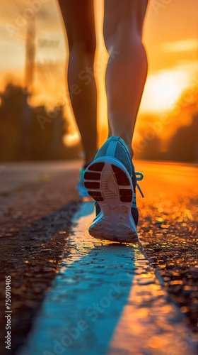 sport runner feet running on sunset lake closeup on shoe. AI generated illustration