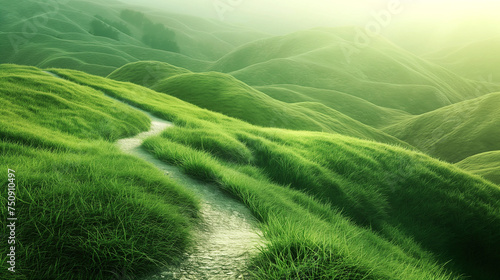 Green grass hills with a trail