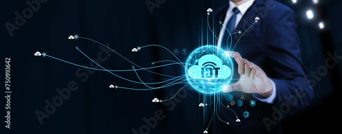 Quadro su tela IOT: Businessman Touching Digital Global Network of Internet of Things (IoT) Data Exchange