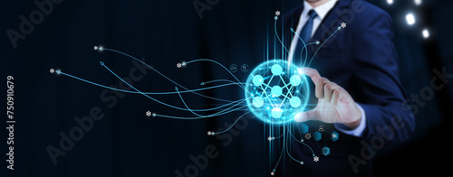 Фотография Neural Network: Businessman Touching Digital Global Network of Neural Data Exchange