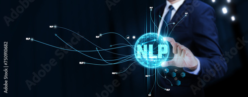 NLP: Natural Language Processing, Businessman Touching Digital Global Network of NLP Data Exchange. Interaction, Communication on Social Network Connection with Hologram Modern Interface. photo