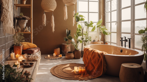 Przytulna łazienka w stylu boho - pomarańczowe i brązowe odcienie wnętrza. Rośliny i wzorzyste tekstylia. Render 3d. Wizualizacja