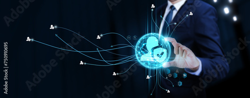 Privacy and Data Protection: Businessman Touching Digital Global Network of Secure Data Exchange. Safeguarding Personal Information on Social Network Connection with Hologram Modern Interface. photo