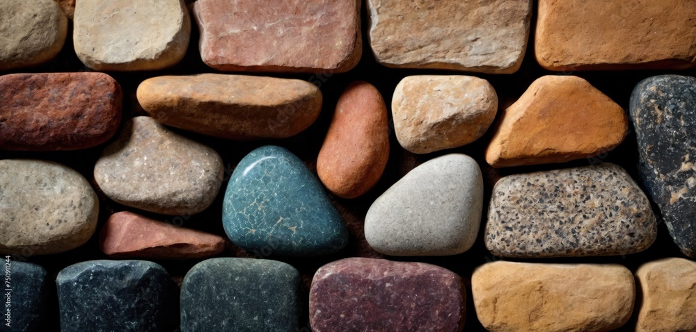 close-up of a wall made of various sized and colored stones. The stones are of different shapes and sizes, ranging from small to large close-up of a wall made of various sized and colored stones. The stones are of different shapes and sizes, ranging from small to large