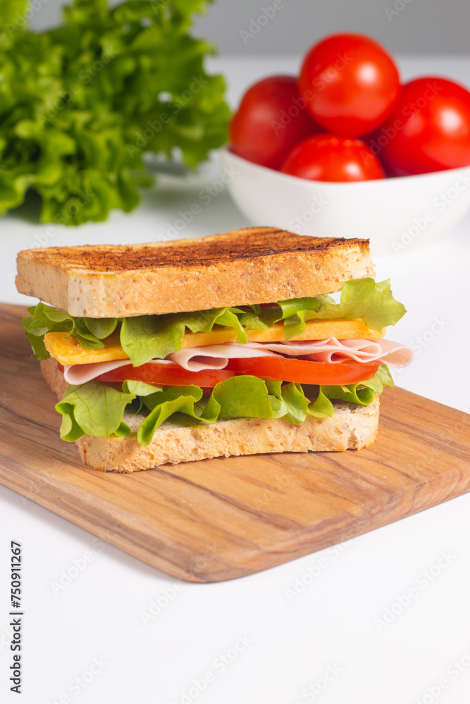 Close-up of two sandwiches with bacon, salami, prosciutto and fresh vegetables on rustic wooden cutting board. Club sandwich concept Close-up of two sandwiches with bacon, salami, prosciutto and fresh vegetables on rustic wooden cutting board. Club sandwich concept