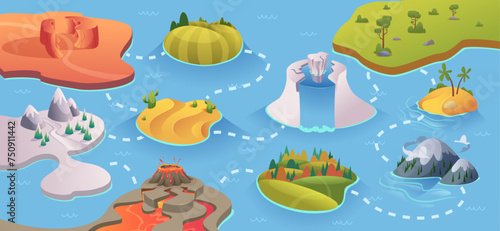 Board game map. Cartoon background with different fantastic islands exact vector ui for game