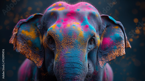 Colourful holy elephant with Holi powder as symbol Holi  holiday. Selective focus. Copy space © Inga Bulgakova