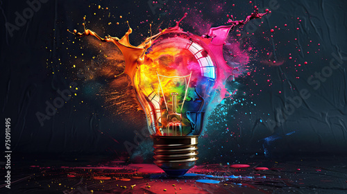 yellow paint splash on light bulb 3D illustration glowing glass bulb art symbol with background , copy space for text , artistic colourful explosion of paint energy, Productivity and creativity