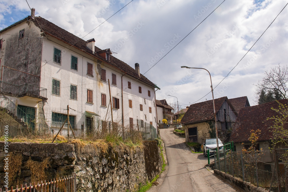 Historic stone houses in the mountain village of Mieli near Comeglians in Carnia, Friuli-Venezia Giulia, north east Italy