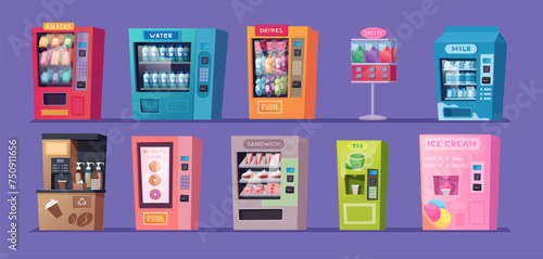 Vending machines. Drinks coffee soda fast food and snacks in vending automat exact vector templates