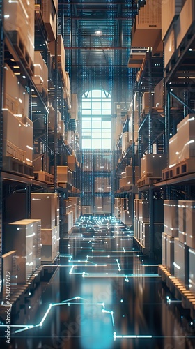 modern technology enabled distribution center full of carton boxes. AI generated illustration photo