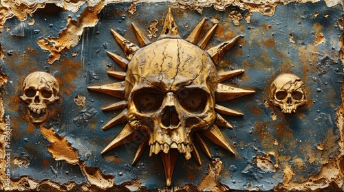a group of skulls sitting on top of a blue and rusted piece of metal with a sun on it.