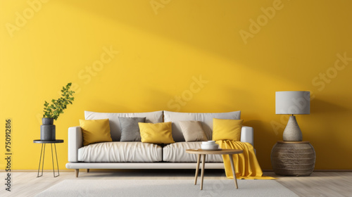 A modern living room with customizable furniture, including a plush couch and a bright yellow accent wall