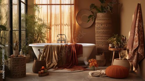 Przytulna łazienka w stylu boho - pomarańczowe i brązowe odcienie wnętrza. Rośliny i wzorzyste tekstylia. Render 3d. Wizualizacja photo