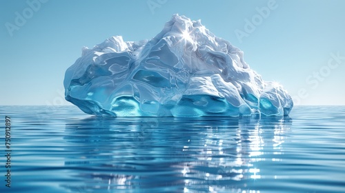 an iceberg floating in the middle of a body of water with a blue sky in the backround. © Krister