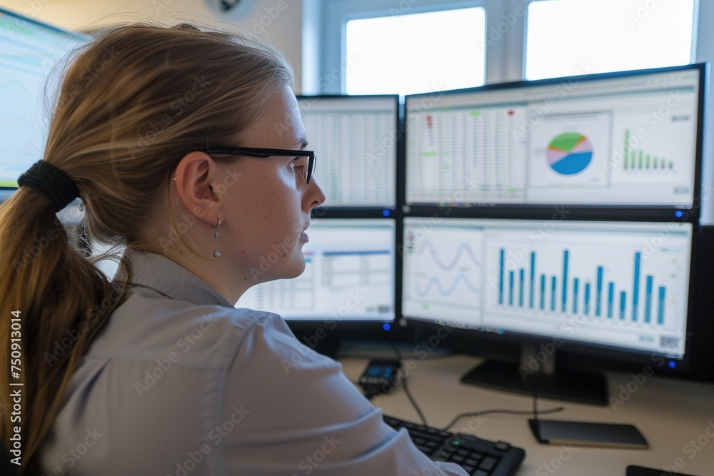 Witness the expertise of a female data analyst as she meticulously analyzes diverse data visualizations and a myriad of graphs across three computer screens Witness the expertise of a female data analyst as she meticulously analyzes diverse data visualizations and a myriad of graphs across three computer screens