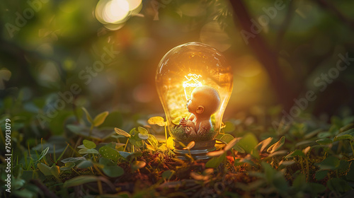 Baby light bulb / 3D illustration of human child  Glowing embryo symbol in a light bulb on nature background.