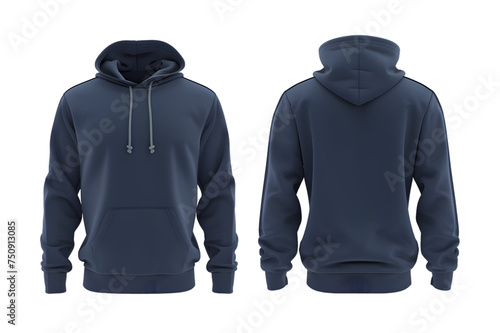Front and back view of a navy basic hoodie template. With a front pocket and drawstring hood, mockups for design and print, isolated on a white or transparent background. 