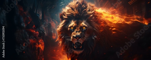 A lion surrounded by flames: a stunning sight. Concept Wildlife Photography, Animal Portraits, Nature Scenes, Fire Elements, Majestic Animals © Ян Заболотний