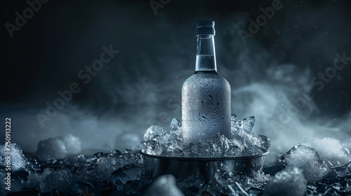 Amidst the darkness, a bucket of ice showcases a bottle of cold vodka, its frosty exterior illuminated by a subtle glow, inviting viewers to indulge in its refreshing chill.