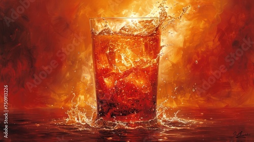 a painting of a glass of water with a splash of water on top of the glass and a fire in the background.