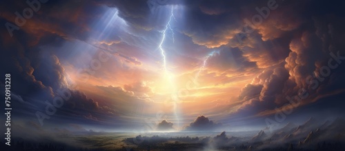 A dramatic painting capturing a bright lightning bolt slicing through a cloudy sky, creating an electrifying and intense atmosphere.