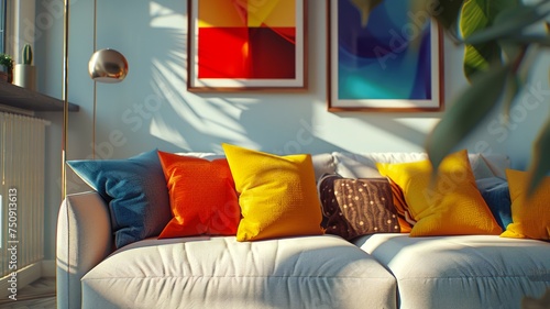 Modern living room with vibrant cushions on a plush grey sofa offers a relaxed atmosphere