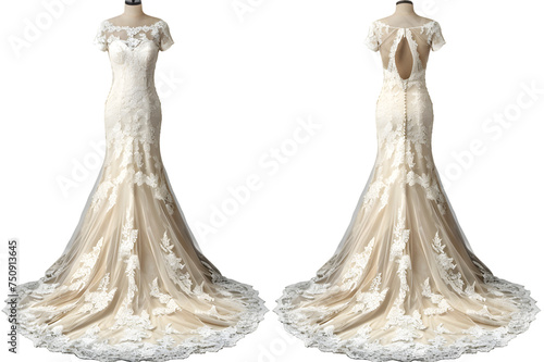Front and back view of an ivory wedding gown template. Elegant lace with a long train, mockups for design and print, isolated on a white or transparent background.