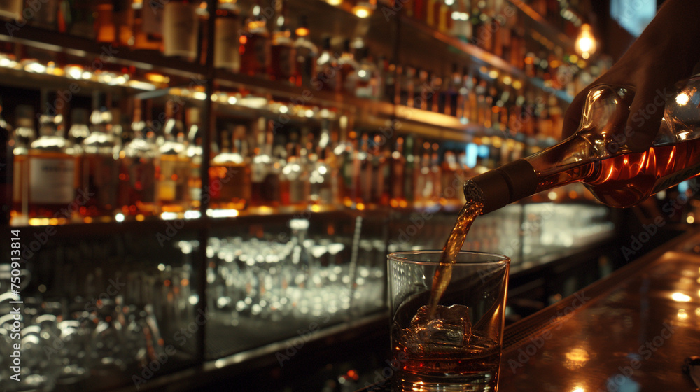 A bartender pours whiskey into a glass, surrounded by shelves of premium spirits. The amber liquid catches the light.