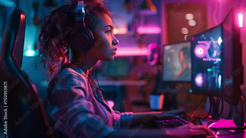 A young African American woman doing graphics design in her home office while wearing headphones A young African American woman doing graphics design in her home office while wearing headphones