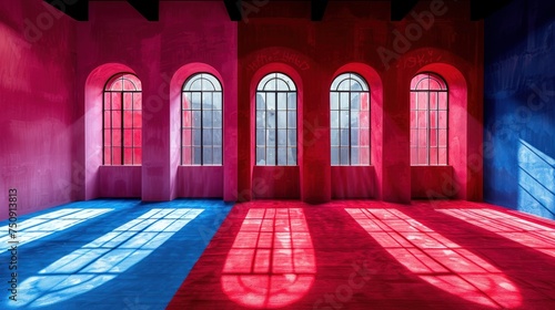 a room with red and blue walls, windows, and a floor with a red and blue rug on the floor.