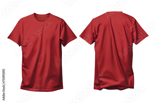 Front and back view of a crimson red basic tee template. Soft cotton material, mockups for design and print, isolated on a white or transparent background. 