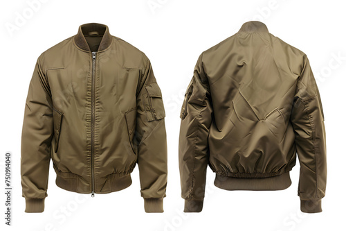 Front and back view of a khaki military jacket template. Rugged design with pockets and patches, mockups for design and print, isolated on a white or transparent background.  photo