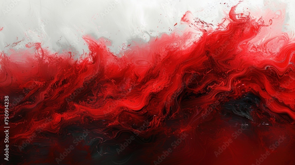a red and black abstract painting on a white and black background with red swirls on the left side of the image. a red and black abstract painting on a white and black background with red swirls on the left side of the image.