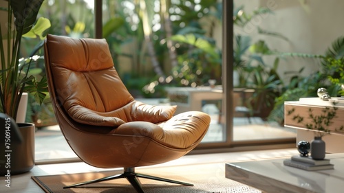 Elegant leather armchair in a contemporary living room bathed in natural light