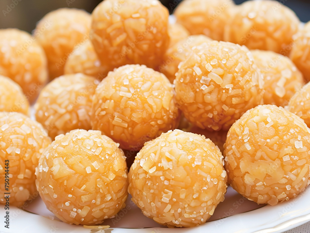 Indian Laddu: round sweet balls made of flour, sugar and butter, popular in the regions of South Asia. A traditional dessert and a symbol of taste and culture. Indian Laddu: round sweet balls made of flour, sugar and butter, popular in the regions of South Asia. A traditional dessert and a symbol of taste and culture.